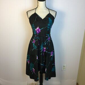 Vintage Fumi's Originals Hawaiian Dress S/XS Womans Black Floral Halter Belted